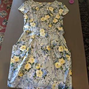 Closet London, Short Sleeve Blue Dress, Yellow Flowers, Pockets, Size 10
